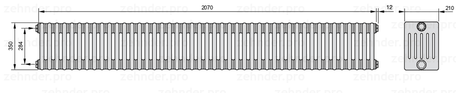 Схема (чертеж) Радиатор Zehnder Charleston 6035/45 №1270 Белый глянцевый RAL 9016